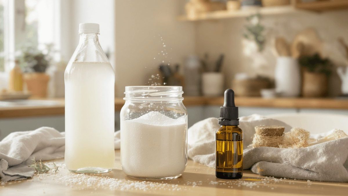 Vinaigre blanc, bicarbonate et tea tree : découvrez comment ces 3 ingrédients naturels nettoient toute votre maison efficacement. Guide complet + recettes pratiques pour un ménage écologique.