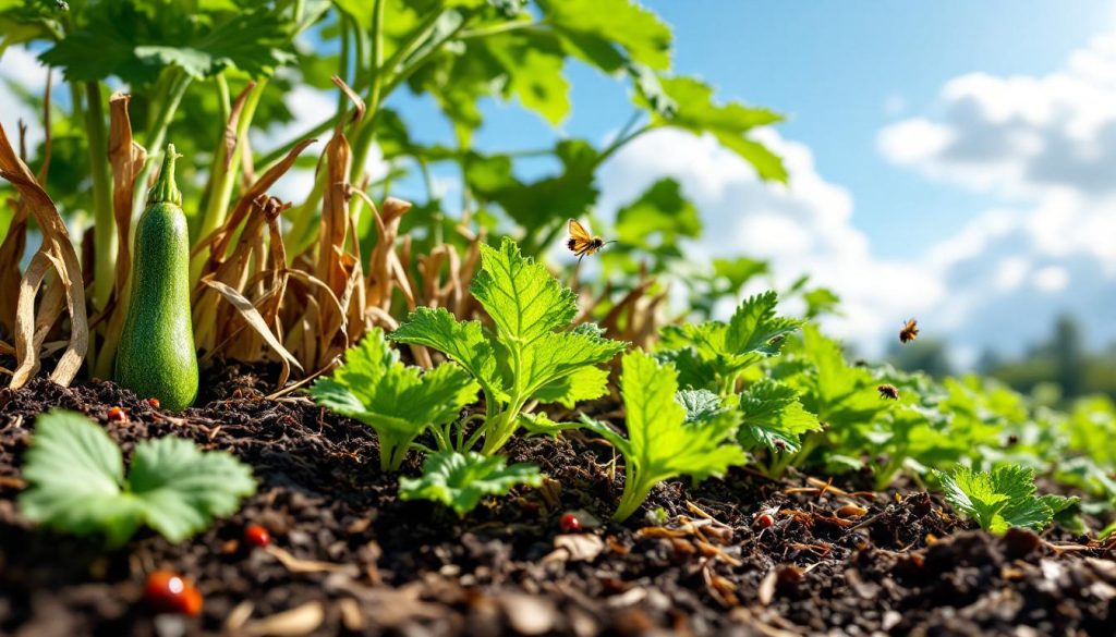 découvrez comment un paillis gratuit et favorisant la biodiversité a sauvé mon jardin de courgettes après la canicule, en stimulant la biomasse du sol et en redonnant vie à mes plants sans produits chimiques.